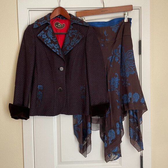 Etro Milano Suit Womens 42 Italy Brown Blue Wool Silk Brocade Handkerchief Skirt - Picture 2 of 14